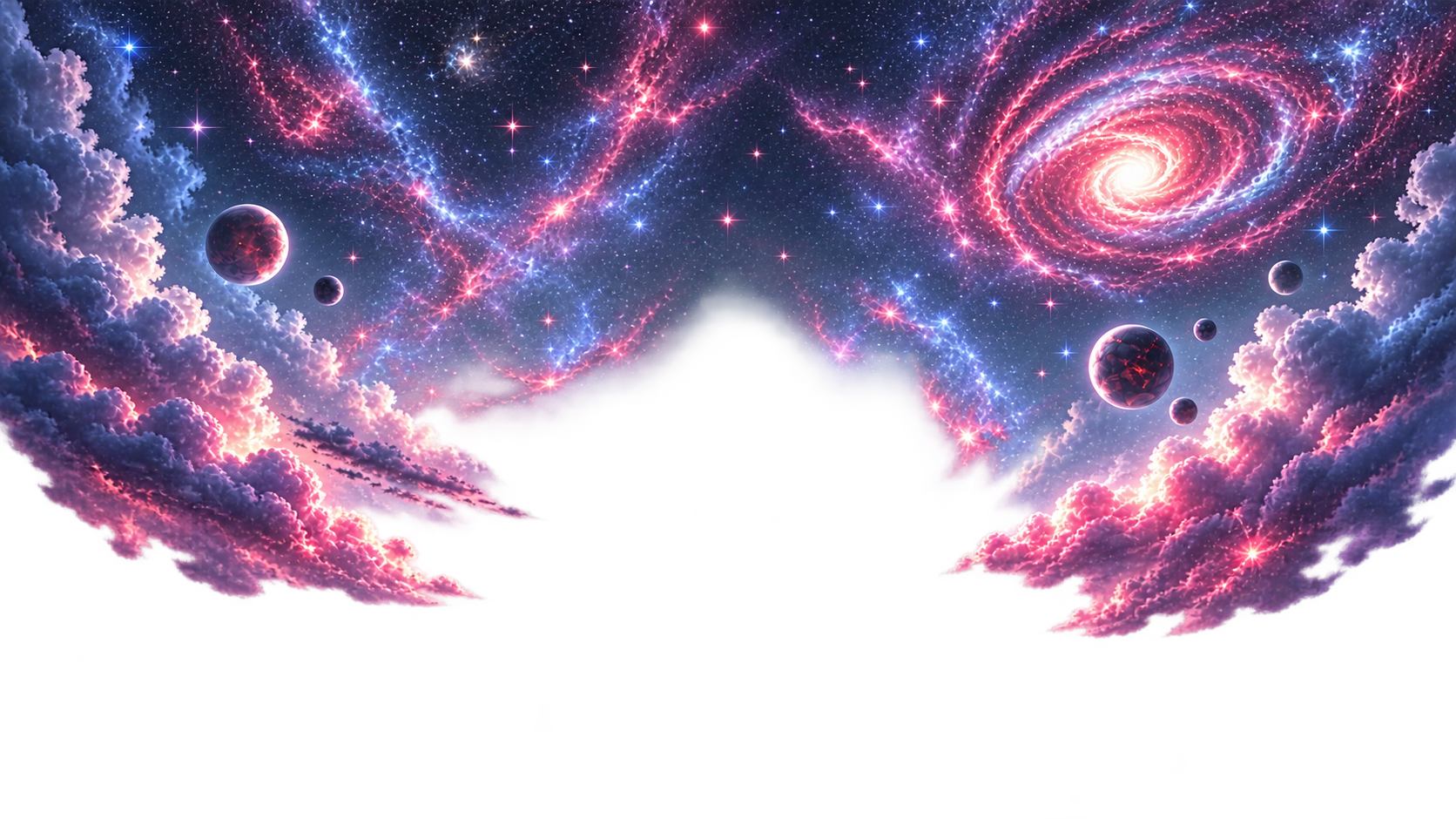 A futuristic cosmic landscape with a glowing rose-coloured galaxy and digital horizon